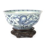 A Chinese Porcelain Dragon Bowl, Xuande mark but probably late Qing, painted in underglaze blue with