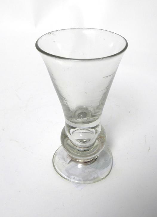 A Thistle Shaped Dram Glass, circa 1760, the conical bowl on a basal ball knop with air tear and - Image 3 of 6