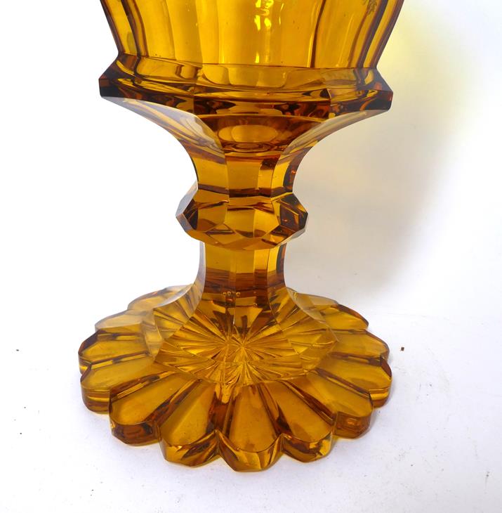 A Bohemian Amber Overlay Clear Glass Goblet Vase and Cover, mid 19th century, the panelled bowl - Image 26 of 29