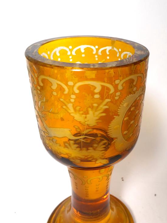 A Bohemian Amber Overlay Clear Glass Goblet Vase and Cover, mid 19th century, the panelled bowl - Image 11 of 29