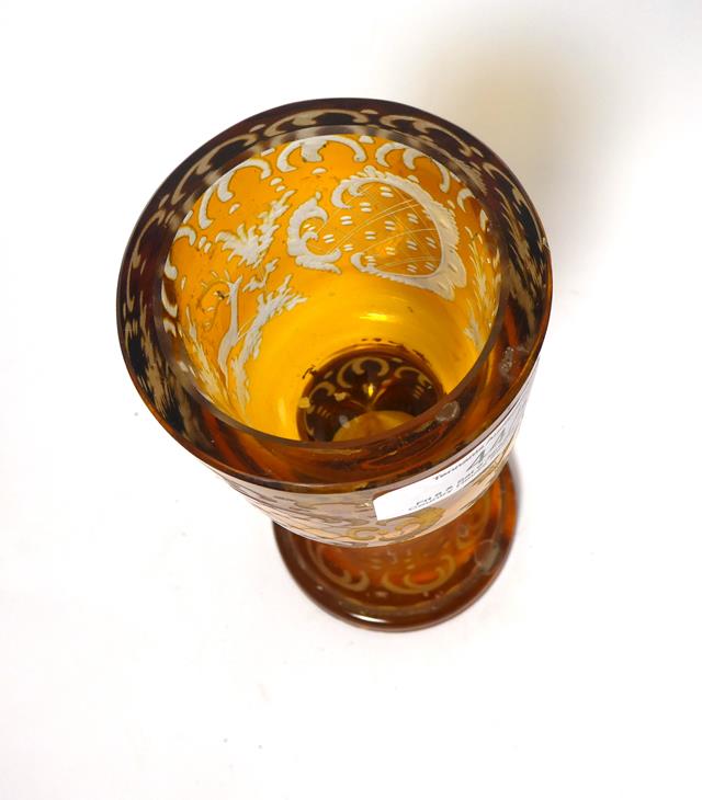 A Bohemian Amber Overlay Clear Glass Goblet Vase and Cover, mid 19th century, the panelled bowl - Image 2 of 29