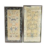 A Pair of Chinese Silkwork Panels, late Qing, worked in coloured and metal threads with stylised