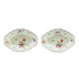 A Pair of Worcester Porcelain Fluted Oval Dessert Dishes, circa 1770, painted in green and gilt with