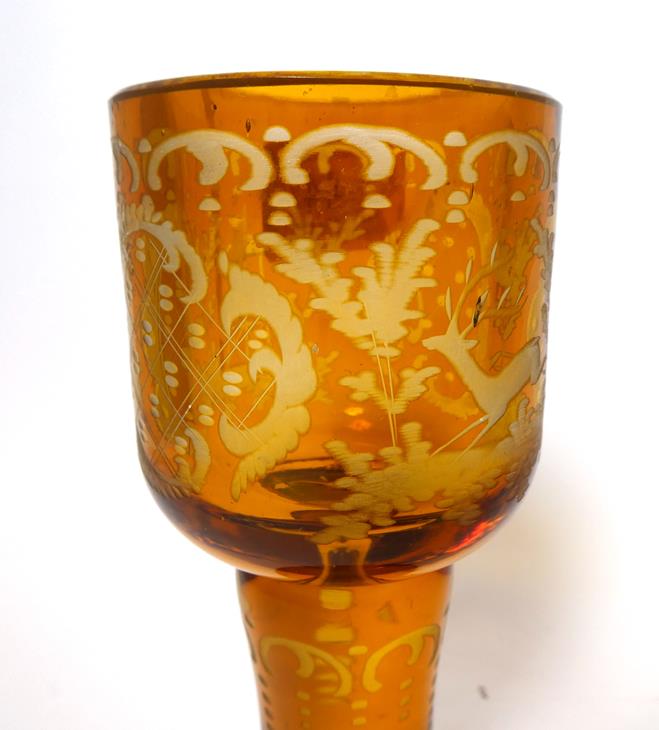 A Bohemian Amber Overlay Clear Glass Goblet Vase and Cover, mid 19th century, the panelled bowl - Image 7 of 29