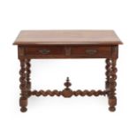 An 18th Century Continental Walnut Writing Table, the moulded top above two pine-lined drawers, on