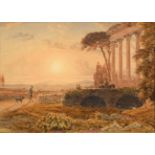 George Barrett (1767-1842) A shepherd and travellers before a classical colonnaded building Signed