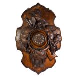 A Black Forest Carved Wooden Hunting Theme Wall Timepiece, circa 1890, carved case depicting a hound