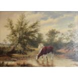 H Leslie Davis (19th/20th century) Cattle watering on a river Signed and dated 1899, oil on board,