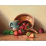 Robert Chailloux (1913-2005) French Still life of peaches, cherries, a stoneware flagon and a