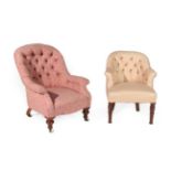 A Victorian Upholstered Armchair, circa 1880, recovered in buttoned pink paisley fabric, with