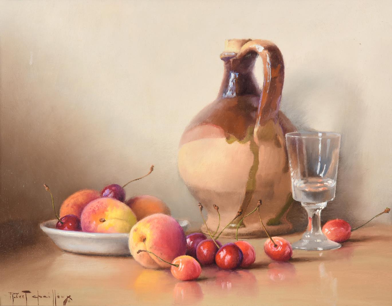 Robert Chailloux (1913-2005) French Still life of peaches, cherries, a stoneware flagon and a - Image 2 of 34