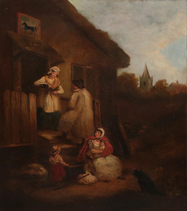 After George Morland (1763-1804) Travellers being given sustenance outside a tavern Bears signature,