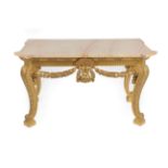 A Carved Giltwood Console Table, in the style of William Kent, the pink and yellow veined marble top
