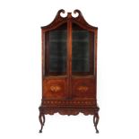 A Victorian Mahogany and Marquetry Inlaid Display Cabinet, late 19th century, the broken swan neck