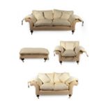 ~ A Four Piece Lounge Suite, modern, upholstered in yellow corduroy-type fabric, with feather filled