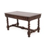 A Carved Oak Two Drawer Writing Table, with a lunette carved border above two frieze drawers, on
