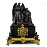 A Victorian Black Slate Bronze and Ormolu Striking Mantel Clock, signed Raingo, Paris, surmounted by