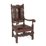 A Late 19th/Early 20th Century Carved and Stained Armchair, in 17th century style, covered in