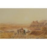 Attributed to George Barrett OWS (1767-1842) Landscape at sunset, travellers and classical ruins