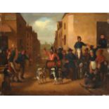 French School (19th century) Dogs dancing on the Rue de Joie Oil on panel, 24cm by 31.5cm, unframed