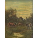 Abraham Hulk Junior (1851-1922) Cattle watering before cottages Signed, oil on board, 12.5cm by 10cm