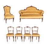 A Victorian Walnut, Boxwood Strung and Marquetry Inlaid Six Piece Salon Suite, circa 1880, recovered