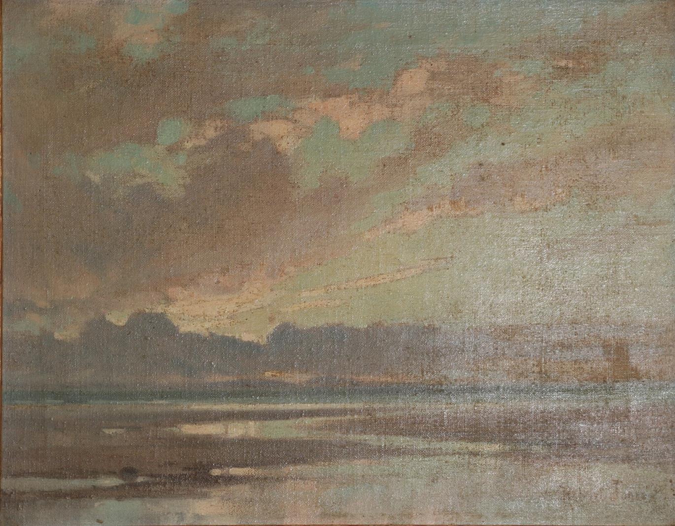 Robert Jones (exh.1906-1940) Welsh Beach scene at sunset Study of sand dunes and sky Signed, oil - Image 6 of 6