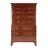 A George III Mahogany and Boxwood Strung Chest on Chest, circa 1800, the bold cornice above two