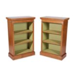 A Pair of Reproduction Burr Oak and Tulipwood Banded Free-Standing Dwarf Bookcases, with three