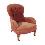 Gillow: A Victorian Upholstered Armchair, circa 1870, recovered in modern button chenille fabric,