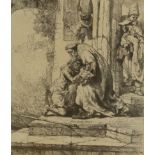 After Rembrandt van Rijn (1606-1669) Dutch Return of the Prodigal Son Etching, 15cm by 13.5cm .