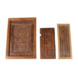 Three Oak Panels, comprising a 17th century unframed panel, 48cm by 23cm, a linenfold panel, 55cm by