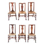 A Set of Five 18th Century Elm and Rush-Seated Dining Chairs, with solid splats above turned spindle