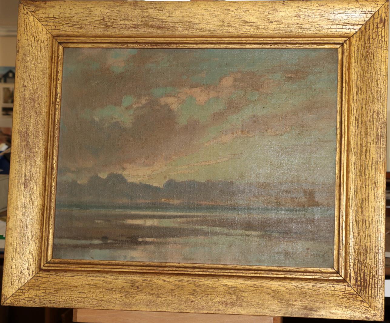 Robert Jones (exh.1906-1940) Welsh Beach scene at sunset Study of sand dunes and sky Signed, oil - Image 2 of 6