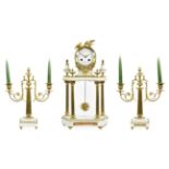 A White Marble Portico Striking Mantel Clock with Garniture, early 20th century, surmounted by birds