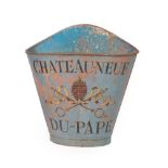 A 1930's French Blue Painted Grape Picker's Hod or Bin Bucket, the galvanised metal body decorated