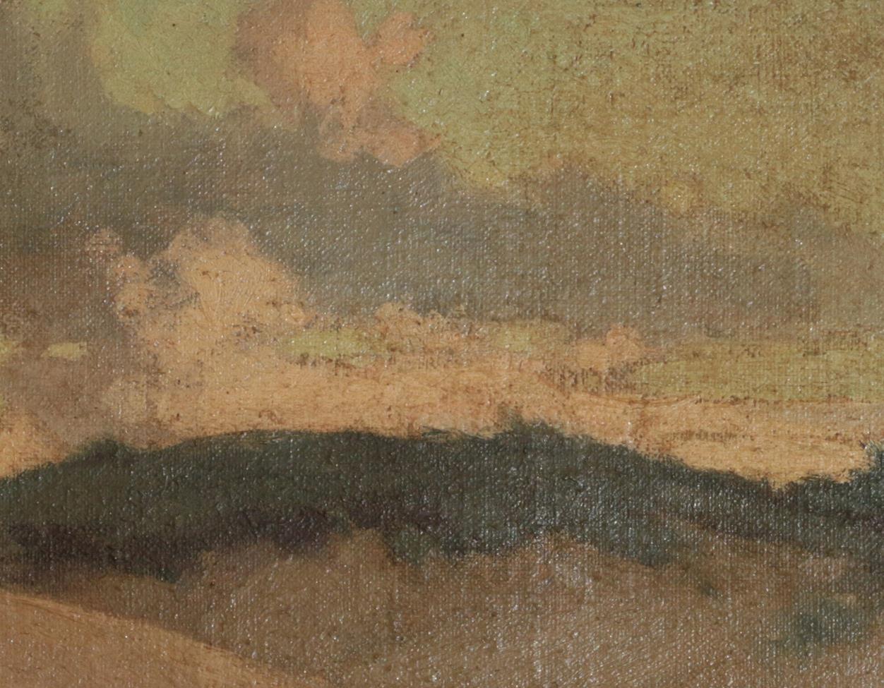 Robert Jones (exh.1906-1940) Welsh Beach scene at sunset Study of sand dunes and sky Signed, oil