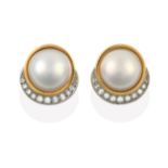A Pair of 18 Carat Gold Mabe Pearl and Diamond Earrings, the large round mabe pearl in yellow collet