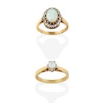 A 9 Carat Gold Opal and Diamond Cluster Ring, the oval cabochon opal in yellow claw settings, within