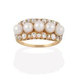 A Cultured Pearl and Diamond Cluster Ring, the five cultured pearls within a border of old cut