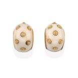 A Pair of Shell Designed Earrings, each white stone decorated with yellow bead motifs, length 2.5cm,