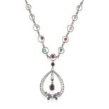 A Ruby, Sapphire, Emerald and Diamond Necklace, an eight-cut diamond set loop with an oval cut
