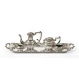 An Elizabeth II Four-Piece Miniature Toy Silver Tea and Coffee-Service With a Tray En Suite, by R.