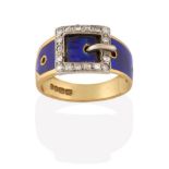 An 18 Carat Gold Edwardian Enamel and Diamond Belt and Buckle Ring, decorated in blue guilloche