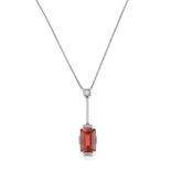 A Tourmaline and Diamond Necklace, the step cut pinky-brown tourmaline in a white claw setting,