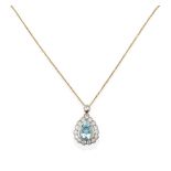 An Aquamarine and Diamond Cluster Pendant on Chain, the pear cut aquamarine within a border of round