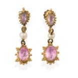 A Pair of Early 19th Century Pink Tourmaline and Seed Pearl Drop Earrings, the oval cut pink