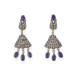 A Pair of Sapphire and Diamond Drop Earrings, five graduated rows of rose cut diamonds suspend three