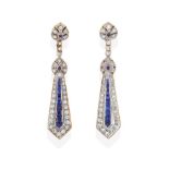 A Pair of 18 Carat Gold Sapphire and Diamond Drop Earrings, a kite shape formed of a line of calibré