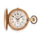 A 14 Carat Gold Quarter Repeating Chronograph Full Hunter Pocket Watch, signed Bernard Reber, Locle,